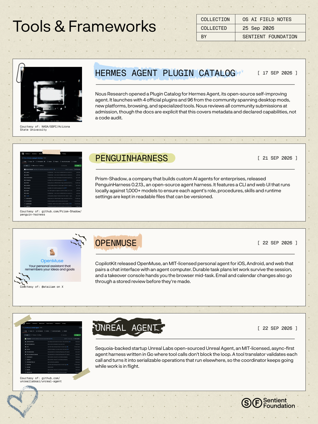 Tools & Frameworks: Hermes Agent Plugin Catalog, PenguinHarness, OpenMuse and Unreal Agent